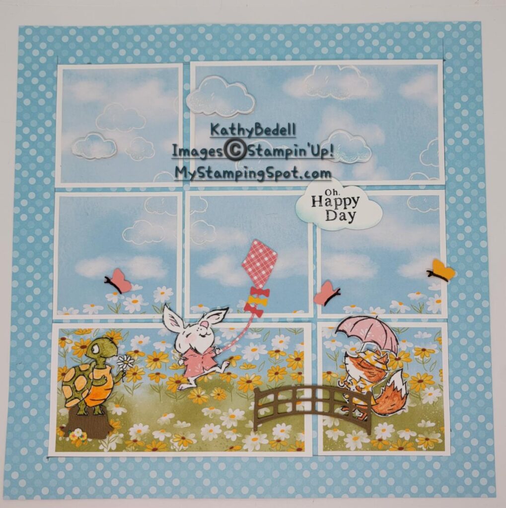 We will create this fun 12 x 12 sampler that features the Playing in the Rain bundle as well as the Dandy Designs DSP. In addition, we will create a spring card featuring the Easter Bunny Bundle and the Rain or Shine DSP. Of course, it would not be complete without the shimmer of Wink Of Stella!